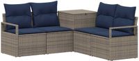 vidaXL Bankstel 2 zitplaatsen Grijs en Marineblauw Poly Rattan en Staal