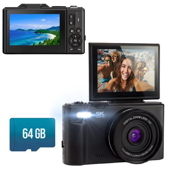 Senzo Digitale Camera 5K met WiFi - 75MP - 18x Zoom - 60FPS - Fotocamera - Fototoestel - Compact Camera - Vlog Camera - Video Camera - Incl. 64GB