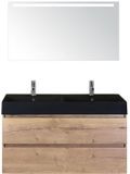 BES LED Maxx XL Badmeubelset 120 cm - Natuur Eiken - Wastafel Kube Dubbel Zwart 2 Kraangaten met LED Spiegel