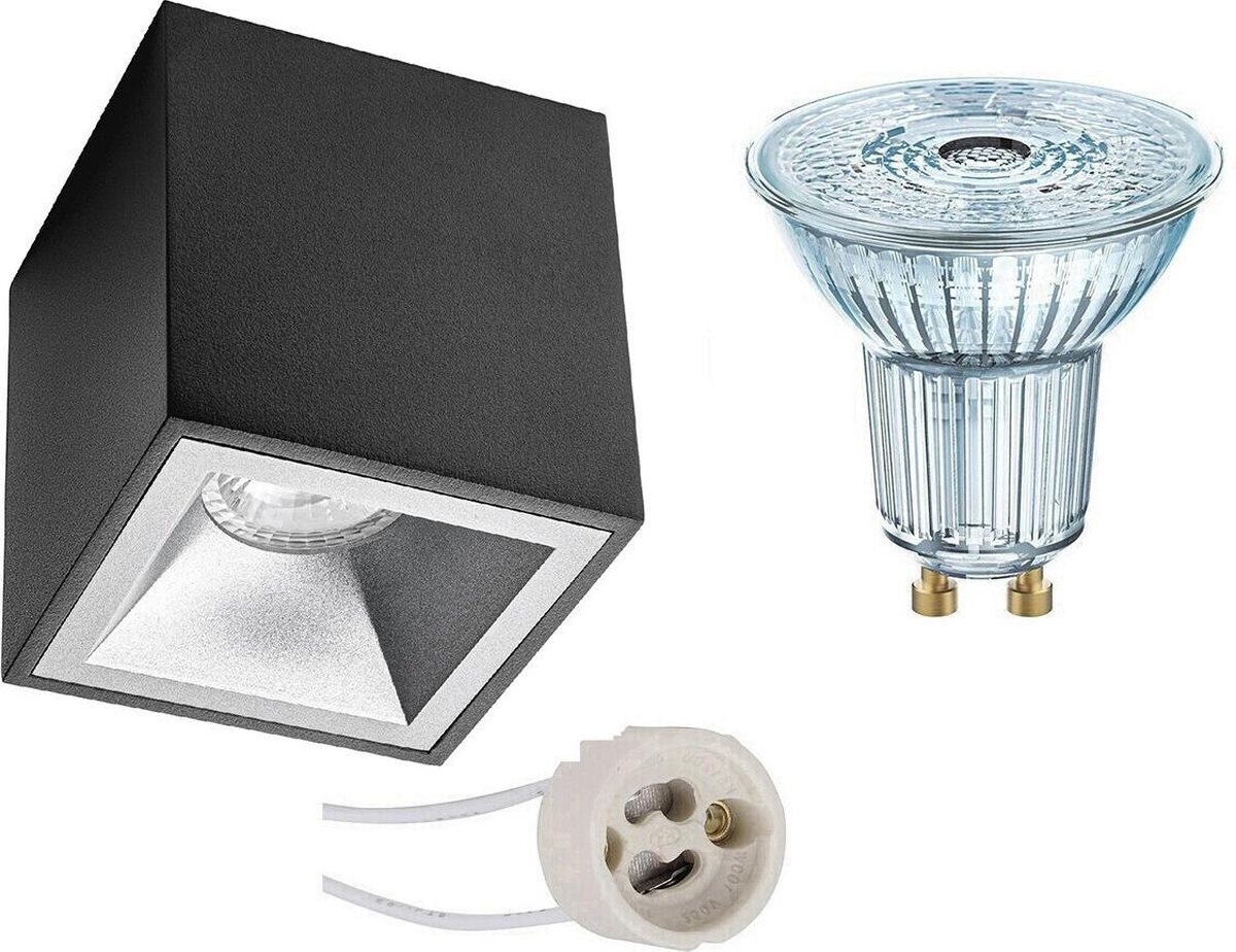 Osram - Opbouwspot Set - Parathom PAR16 930 36D - Proma Cliron Pro - GU10 Fitting - Dimbaar - Opbouw Vierkant - Mat Zwart/Zilver - 3.7W - Warm Wit 3000K - Verdiept - 90mm