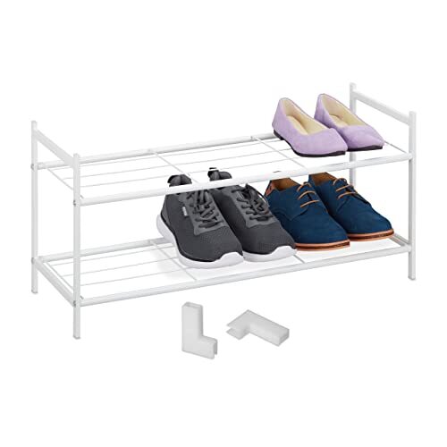 Relaxdays Schoenenrek metaal, stapelbaar, 2 niveaus, schoenenopslag voor 6 paar schoenen, h x b x d: 33,5 x 70 x 26 cm, wit