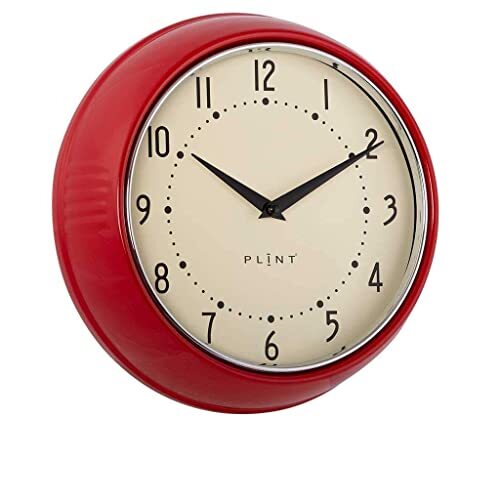 plint Retro Wall Clock Silent Non-Ticking Decorative Red Color Wall Clock, Retro Style Wall Decoration for Kitchen Living Room Home, Office, School, Easy to Read Large Numbers
