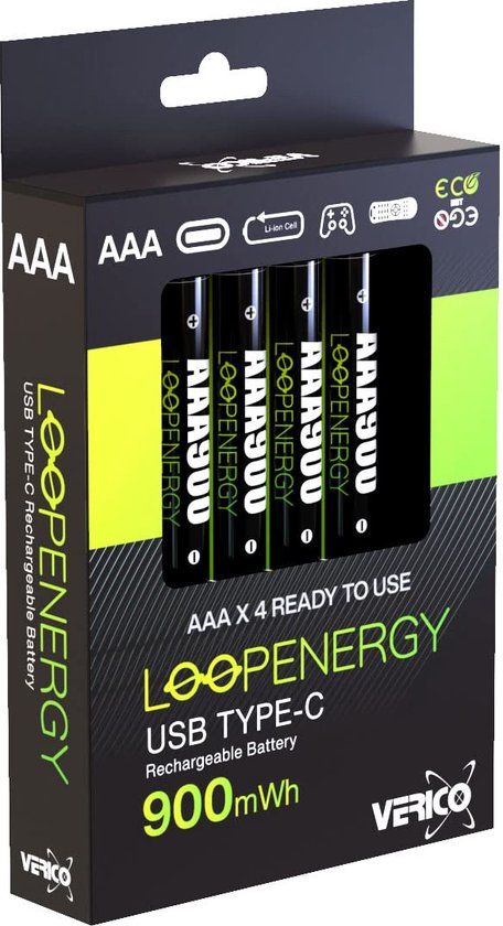 LoopEnergy AAA 900mAh USB-C Rechargeable Batteries - 4 Pack