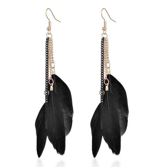 Deja Jewels Deja Dames Oorbellen Ketting en 3 Veertjes - Zwart