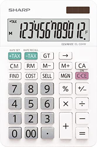 Sharp Tafelrekenmachine EL-334W (12-cijferig, inklapbare standaard, zonne-energie) wit