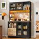 OKWISH Keukenkast – Hoge Kast Met LED En Stekkerdoos – 110x40x178 cm – 4 Deuren Van Gehard Glas – Opbergruimte En Vitrine – MDF Zwart
