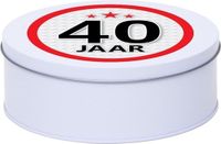 Merkloos Snoeptrommel - koektrommel Cadeau - wit - rond blik - met 40 jaar sticker - Cadeauverpakking - verjaardag