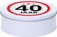 Merkloos Snoeptrommel - koektrommel Cadeau - wit - rond blik - met 40 jaar sticker - Cadeauverpakking - verjaardag