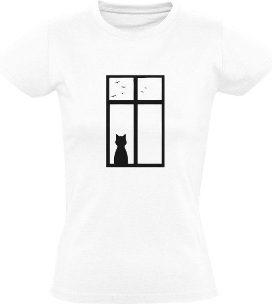 Sol's Kat kijkt uit het raam Dames T-shirt - Wit - Maat M