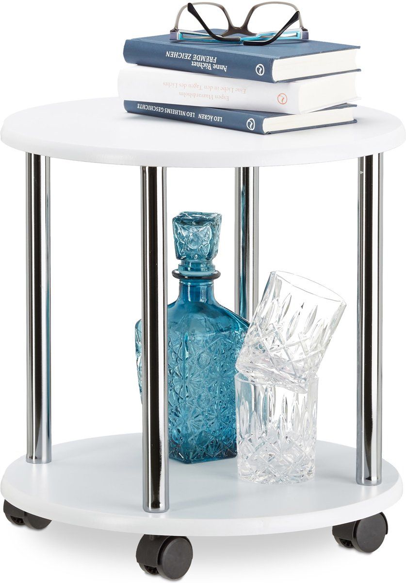 Relaxdays bijzettafel wit - verrijdbare bloementafel - tafeltje op wielen - salontafel Rond