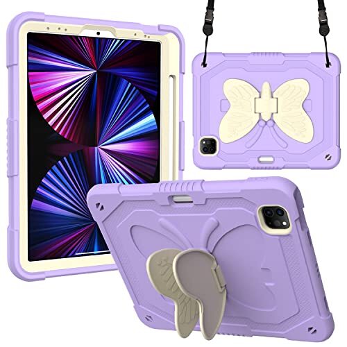 YEOU Compatibel met iPad 7th 10.2 (2019), 3D Heavy Duty Hard Rugged beschermhoes, cartoon Cute Butterfly Wings standaard, stootvaste siliconen hoes met standaard voor kinderen (rijst lila)