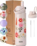 VANN® 3-Wandige RVS Drinkfles 650 ML met rietje voor volwassenen – Met 2 doppen – Thermosfles – 12 uur warm/24 uur koud – Bloemen fles – Cadeau voor man en vrouw -VANN FLOWER BOTTLE