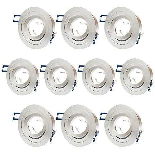 Lumi 10x ALU inbouwspots GU10 set - 10 stuks aluminium inbouwframe rond in zilver geborsteld look incl. GU10-fitting voor LED of halogeen lampen, 30° draaibaar, rond, 230V