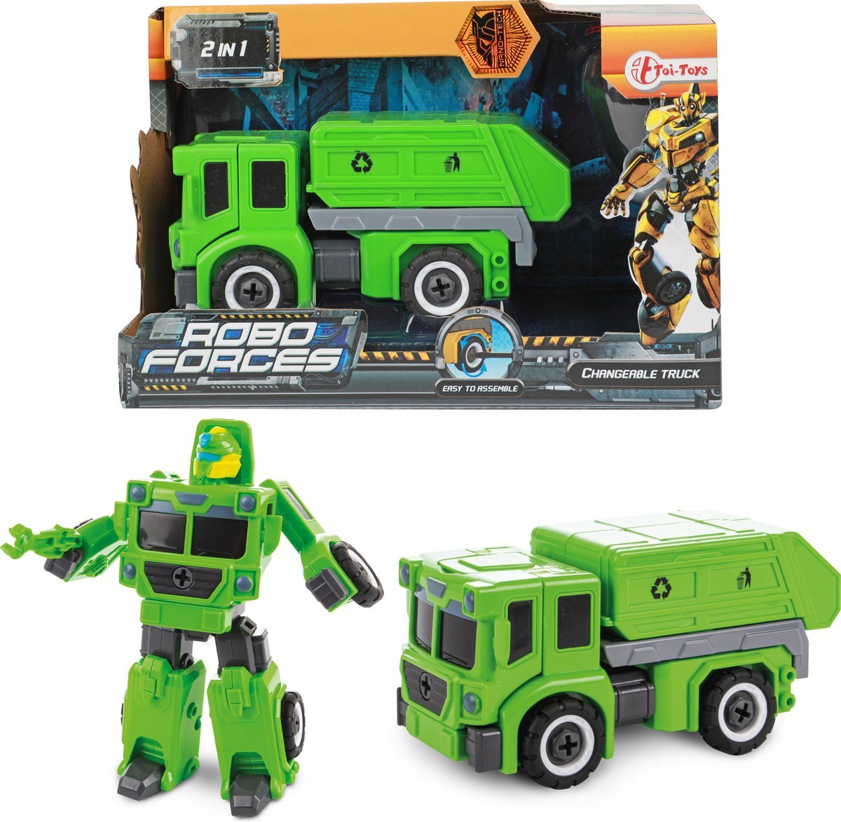 Toi Toys Roboforces Transformers robot vuilniswagen in groen - speelgoed vanaf 3 jaar - actiefiguur 7 x 13 x 7 cm - constructiespeelgoed - voertuig