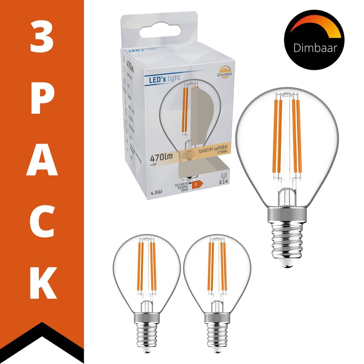 LED.nl ProDim LED Filament Lamp E14 - Kogel Ø 4.5 cm - Dimbaar - 4.5W (40W) - Warm wit - 3 lampen