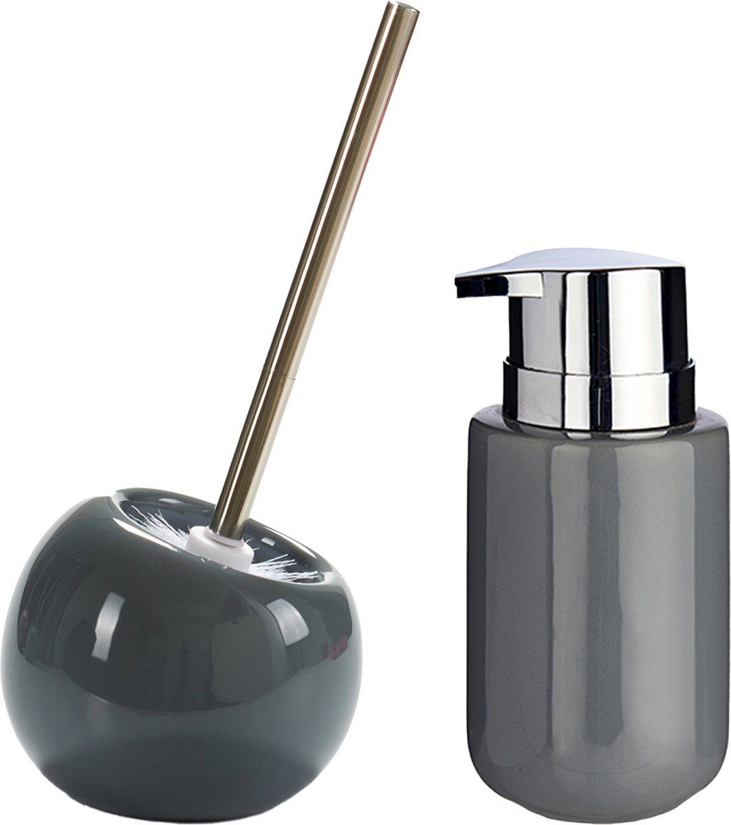 Berilo Toilet Set - Toilet Brush with Soap Dispenser - Ceramic - Grey