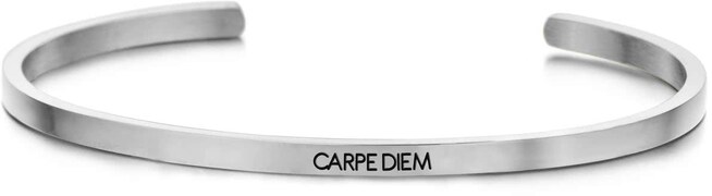 Key Moments 8KM-B00028 - Stalen open bangle met tekst - carpe diem - zirkonia - one-size - zilverkleurig