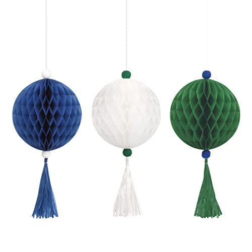 Unique 25198 blauw, wit en groen weefsel bal en kwastje ornament decoraties kit-1 telling (pak van 1), veelkleurig