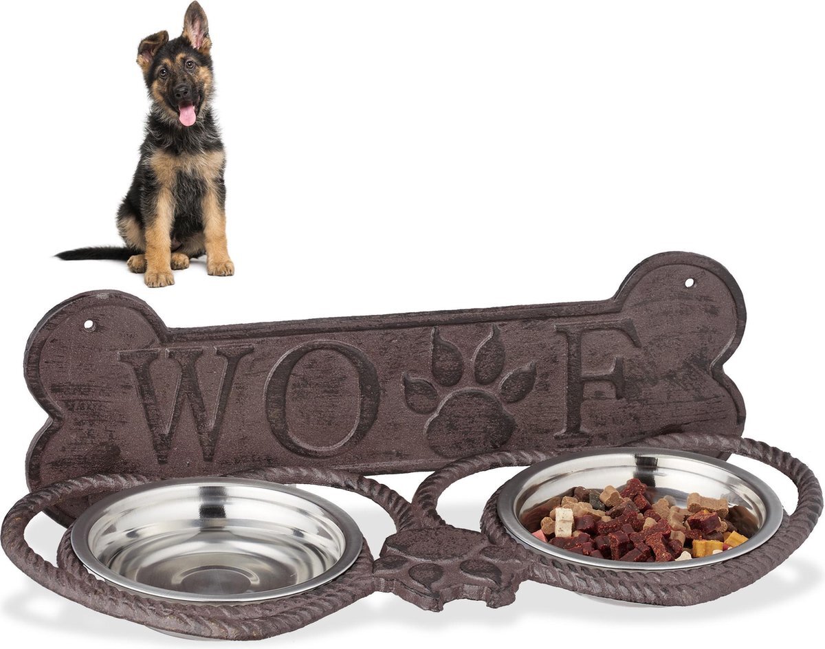 Relaxdays voerbak hond - met standard - rvs - hondenvoerbak - eetbak - dubbel - gietijzer zilver, donkerbruin