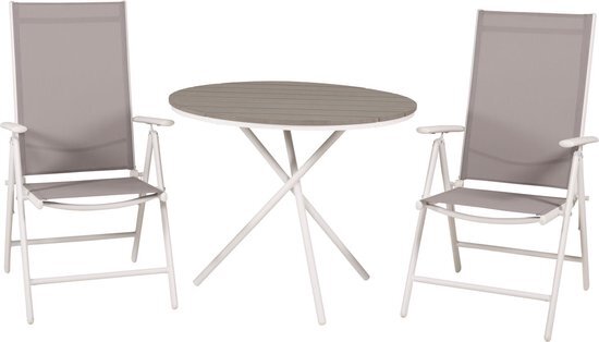 Hioshop Parma tuinmeubelset tafel Ø90cm en 2 stoel Break wit, grijs, crèmekleur.