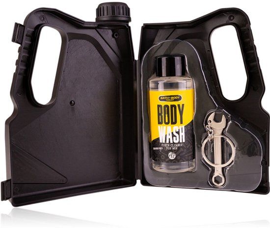 Accentra Verzorgingsset voor mannen in geschenkverpakking in de vorm van een oliebusje, inclusief 100 ml body wash, sleutelhanger