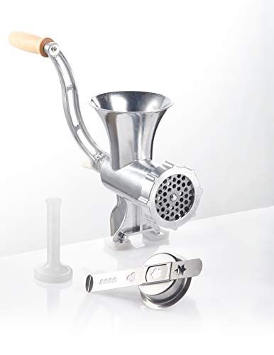 GSW 588423 Vleesmolen aluminium maat nr. 8 met opzetstuk voor gebak en stamper