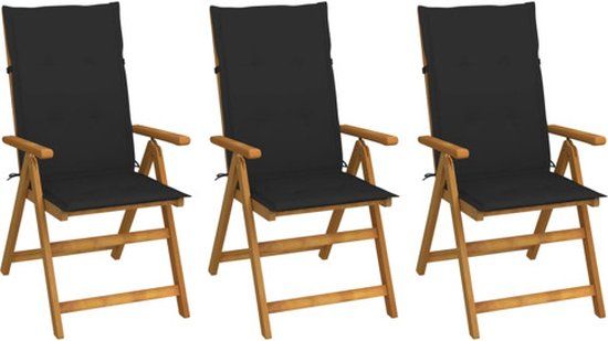 vidaXL Set van 3 klapstoelen met kussens, massief acaciahout, zwart