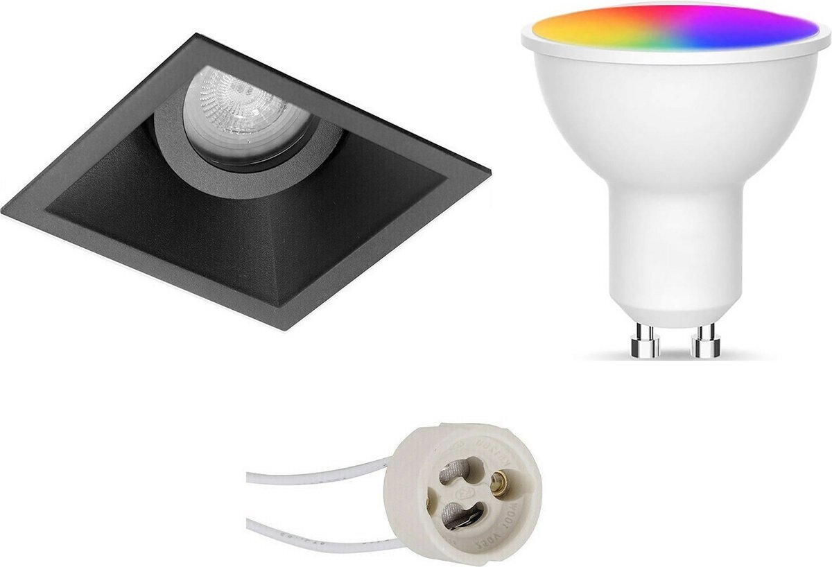 Qualu LED Spot Set GU10 - Oficto - Smart LED - Wifi LED - Slimme LED - 5W - RGB+CCT - Aanpasbare Kleur - Dimbaar - Afstandsbediening - Proma Zano Pro - Inbouw Vierkant - Mat Zwart - Kantelbaar - 93mm