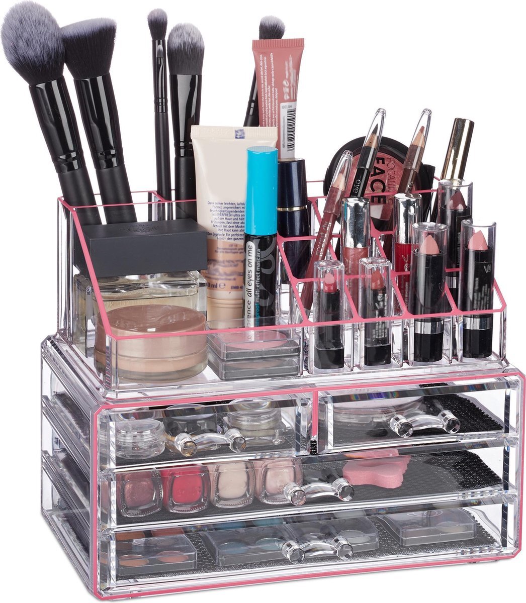 Relaxdays make-up organizer - tweedelig - cosmetica opbergdoos + lippenstift houder - Roze-strepen