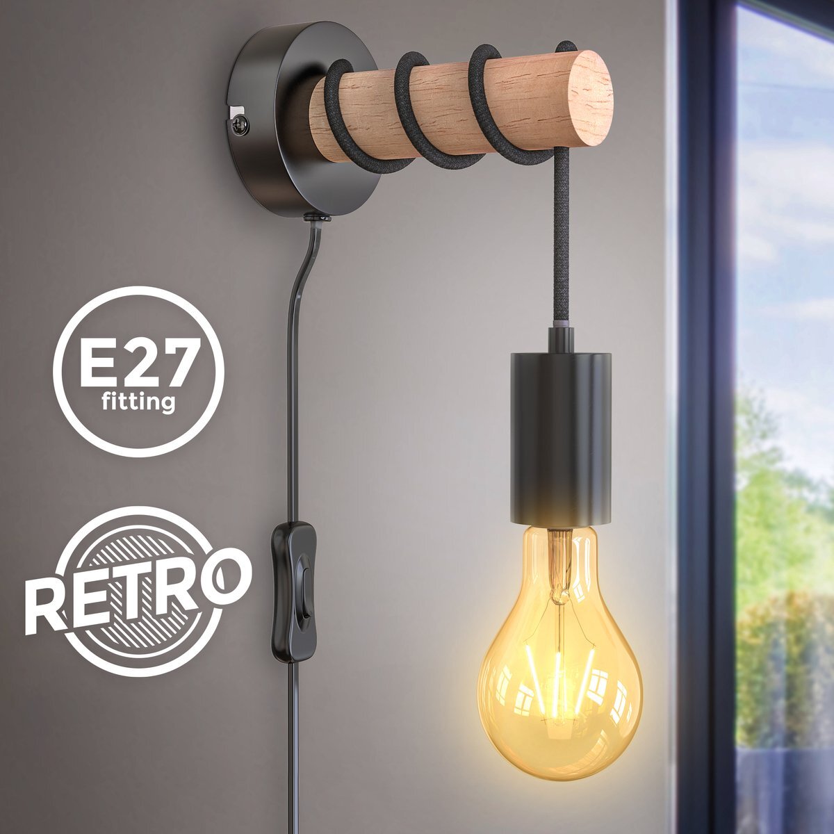 B.K.Licht - Landelijke Wandlamp - voor binnen - aan/uit schakelaar - met snoer - industriele - zwarte - houten wandlamp - netstroom - met 1 lichtpunt - bedlamp - slaapkamer - E27 fitting - excl. lichtbron