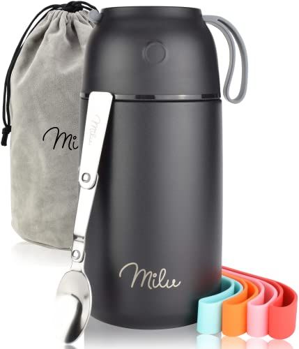 MILU Milu® thermocontainer lunchbox 800 ml | roestvrijstalen isolatiehouder voor warme gerechten, eten, babyvoeding, soep, fruit | thermobox voor baby | thermodoos (Zwart)