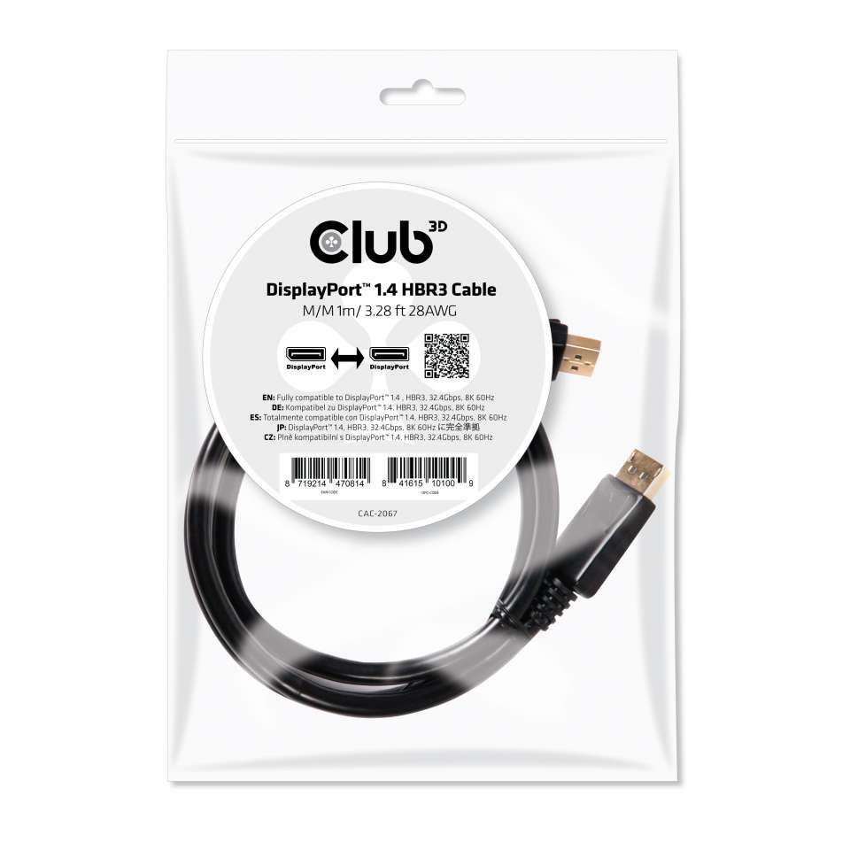 Club 3D DisplayPort 1.4 HBR3 Cable 1m Male/Male 8K60Hz Zwart