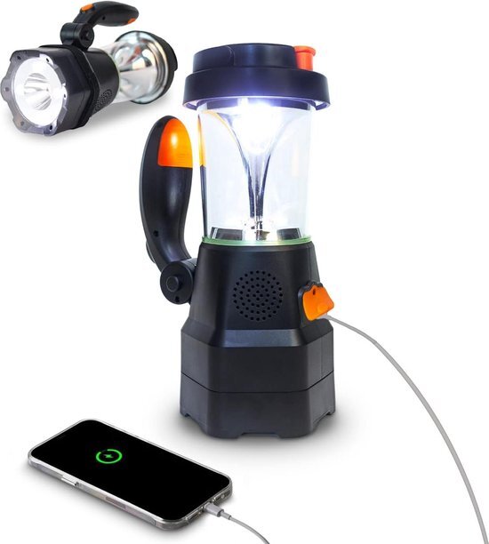 LED batterij werkende lantaarn - USB oplaadbaar - handslinger - camping lamp draagbaar - noodradio powerbank SOS-alarm - crank dynamo lamp voor stroomuitval blackout