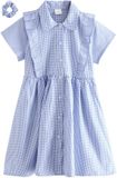 Next - Meisjes - Gingham schooljurk met ruches en hoog aandeel katoen - Blauw