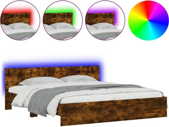 vidaXL Bedframe met hoofdeinde en LED gerookt eikenkleurig 200x200 cm
