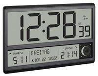 TFA Dostmann digitale XL radiogestuurde wandklok, 60.4524.01, met zonsopgang en zonsondergang, alarm, grote cijfers, maanfasen, geruisloos (zwart)