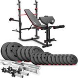 Hop-Sport HS-1065 – Krachtstation – Verstelbare halterbank – Lange halter en curlstang – 75 kg gewichten set
