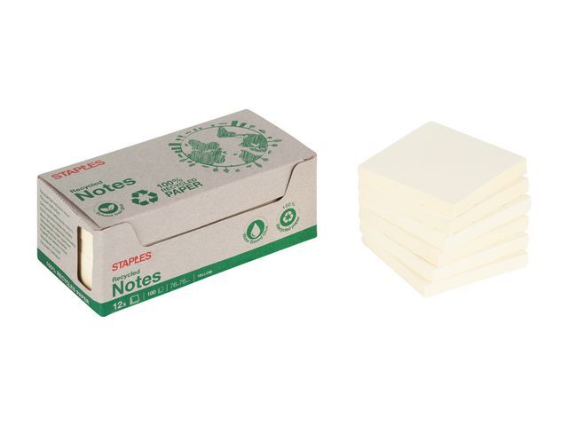 Staples Recycled Sticky Notes - 76 x 76 mm - Pastel Yellow