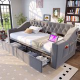STILVORA Gestoffeerd Bed 90x190 cm – Slaapbank Met USB+Type-C & Opbergruimte – 2 Lades, Armleuningvakken & Zijvakken – Fluweel – Lichtgrijs – Zonder matras
