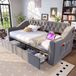 STILVORA Gestoffeerd Bed 90x190 cm – Slaapbank Met USB+Type-C & Opbergruimte – 2 Lades, Armleuningvakken & Zijvakken – Fluweel – Lichtgrijs – Zonder matras