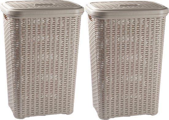 PLASTICFORTE Wasmand rotan kunststof 60 liter - 2x stuks - taupe
