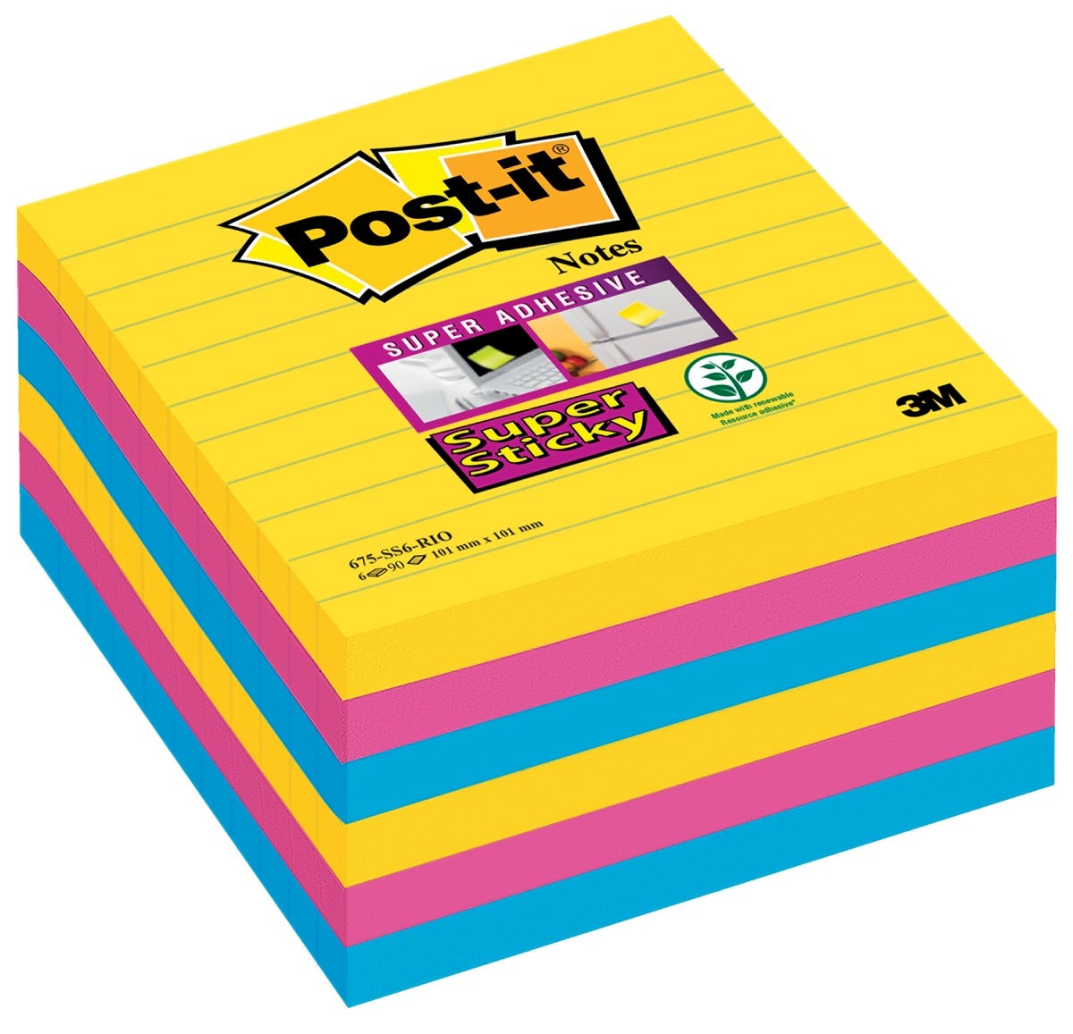 Post-it Super Sticky Gelinieerde zelfklevende notes 101 x 101 mm 70 g/m² 6 stuks à 90 vellen