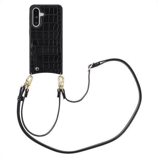 Selencia Hoesje - Geschikt voor Samsung Galaxy A36 / A56 (5G) - Croco Backcover met koord en pashouder - Zwart