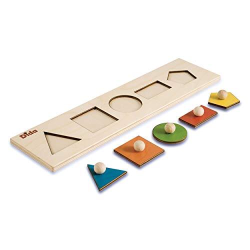 Dida - Geometrische vormen. Houten puzzel voor kinderen, met kaartvolgorde met comfortabele houten knopen.