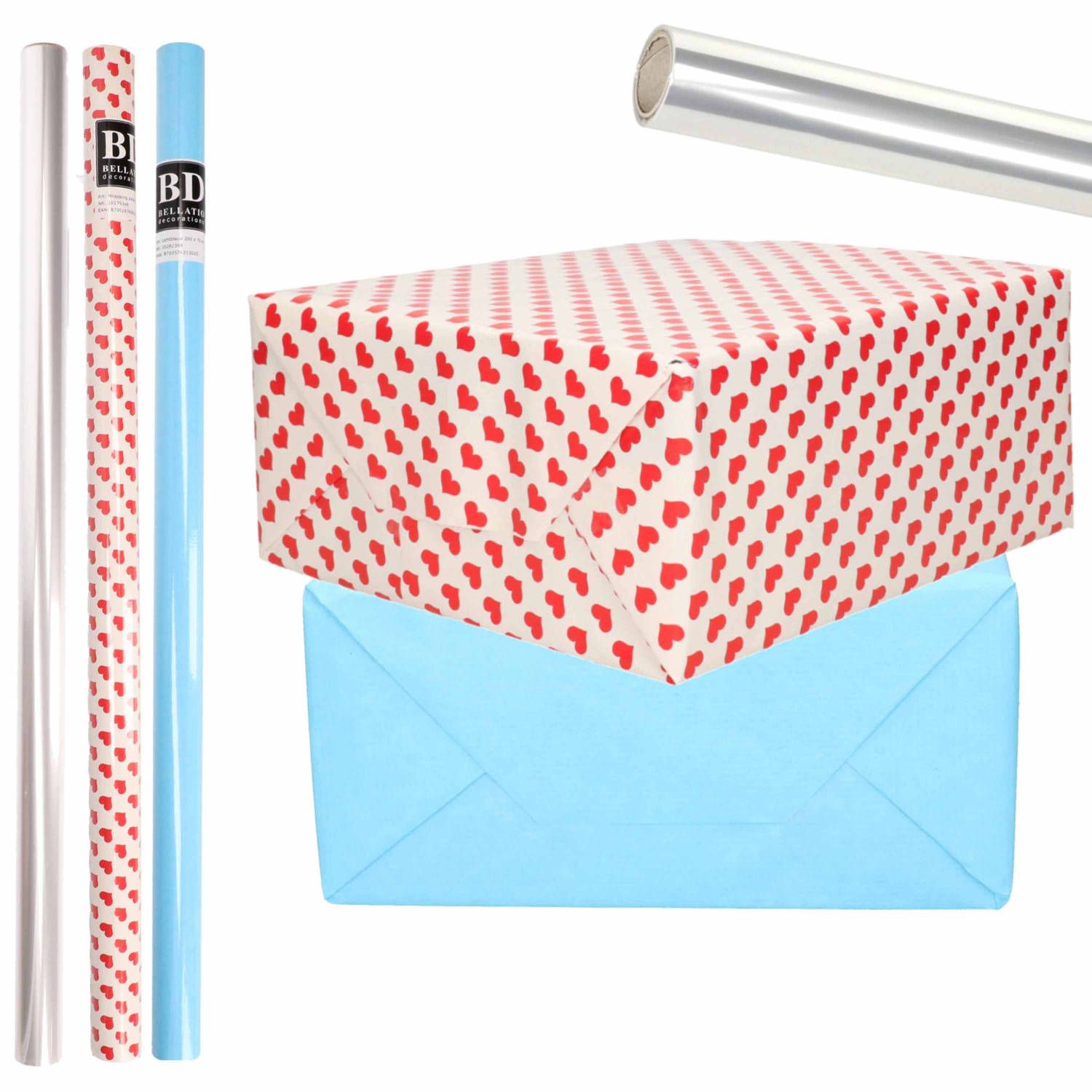 Bellatio Decorations Kraft Inpakpapier Transparante Folie/Hartjes - Blauw/Harten Design - 200 x 70 cm - Valentijn/Liefde/Cadeaupapier