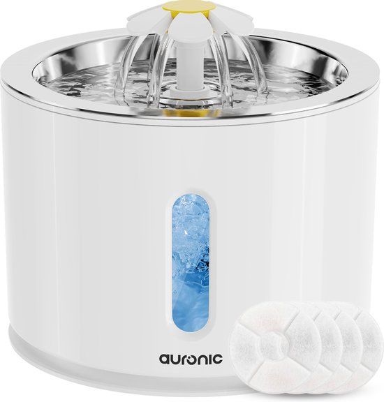 Auronic Drinkfontein - Waterfontein voor Hond en Kat - 2,4L - Wit - Incl. 4 Filters en 2 Borstels