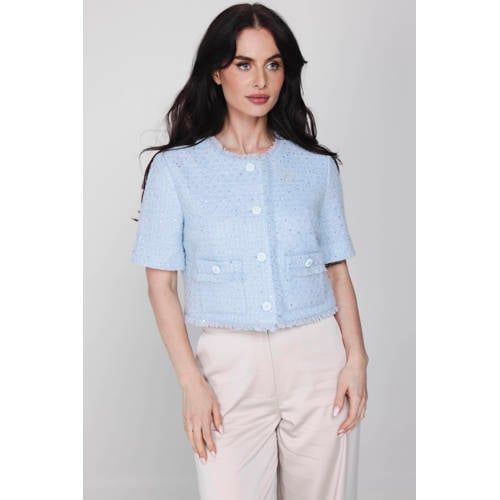 Accentil Cropped Blazer met Wol, Lichtblauw, Pailletten