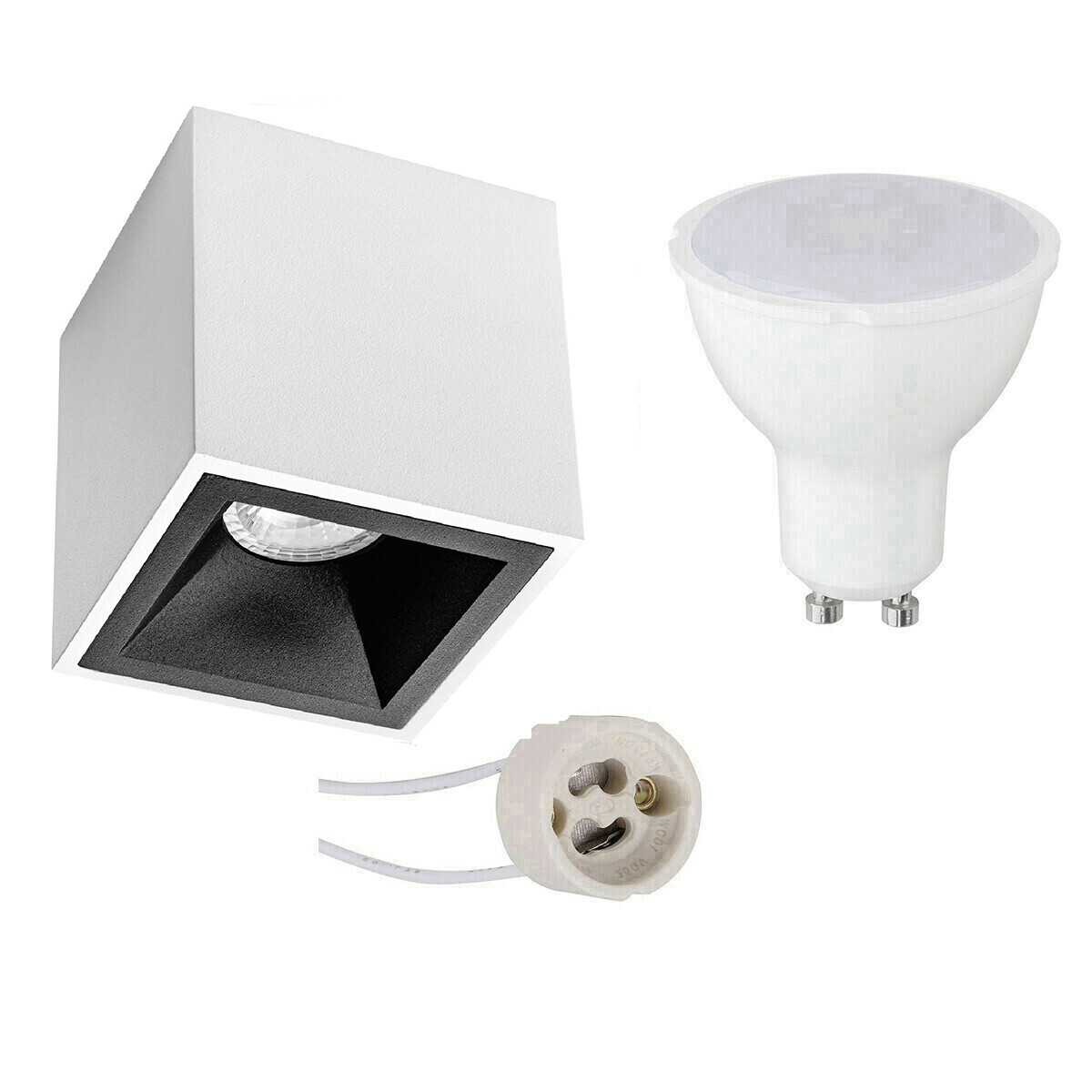 BES LED Voordeelset Opbouwspot Set - Pragmi Cliron Pro - GU10 Fitting - Opbouw Vierkant - Mat Wit/Zwart - 6W - Helder/Koud Wit 6400K - Verdiept - 90mm