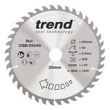 Trend Wood cirkelzaagblad, 260 mm diameter, 30 mm boring, 40 tanden, 2,3 mm snijvoeg, +15° haak, TCT, gemiddeld oppervlak, CSB/26040