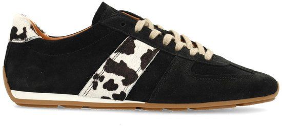 Manfield - Dames - Zwarte suède sneakers met cow print detail - Maat 41